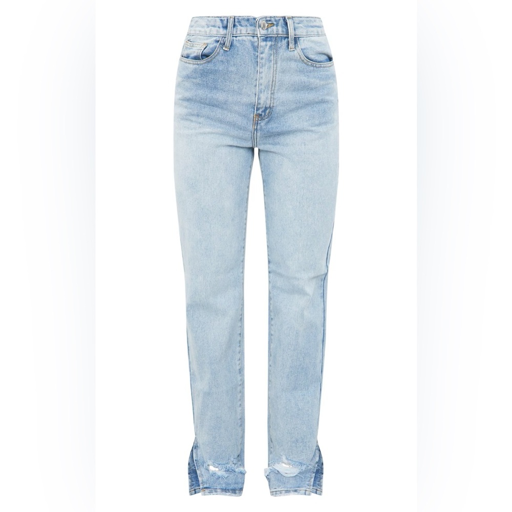 Light Blue Wash Ripped Split Hem Straight Leg Jeans